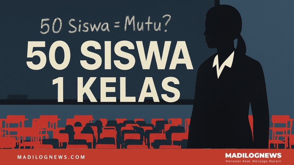 Ilustrasi guru dan kelas penuh siswa dengan tulisan "50 Siswa = Mutu?" sebagai kritik kebijakan rombongan belajar