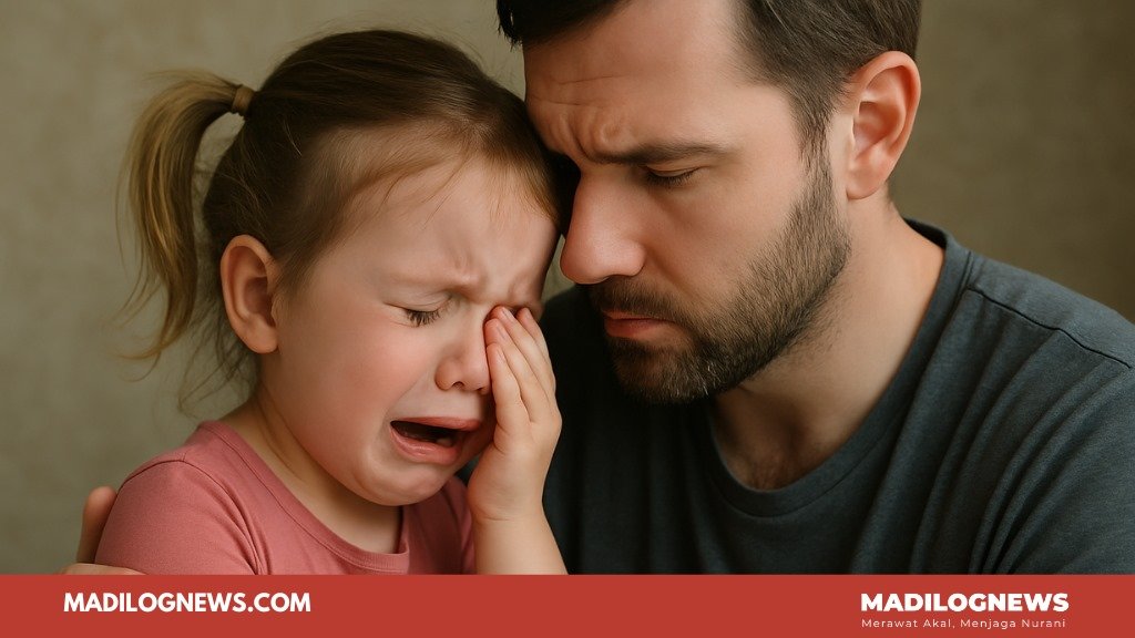 Balita perempuan menangis dipeluk ayah, ilustrasi trauma anak akibat kekerasan dalam rumah tangga